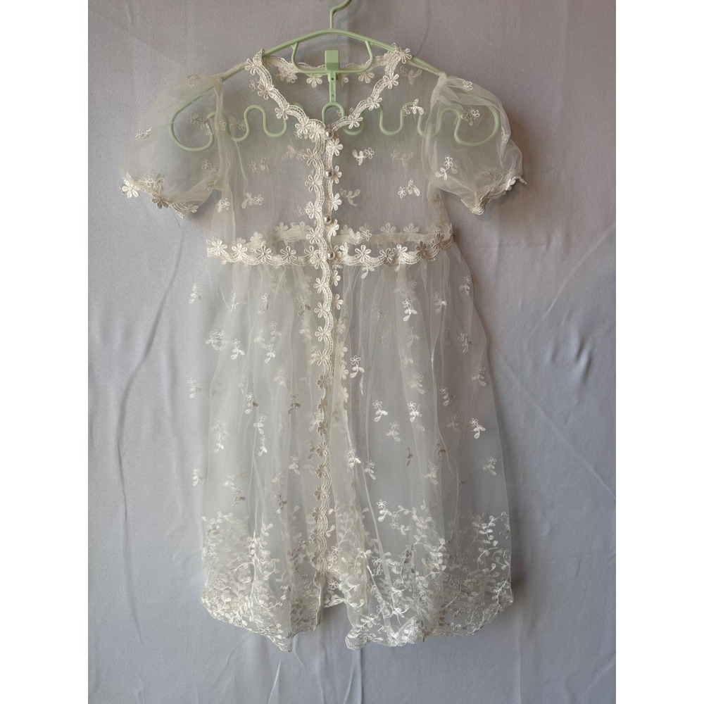 Ivory Lace Cottagecore Dress 18M Sheer Embroidered Floral Flower Girl Fairy Mesh
